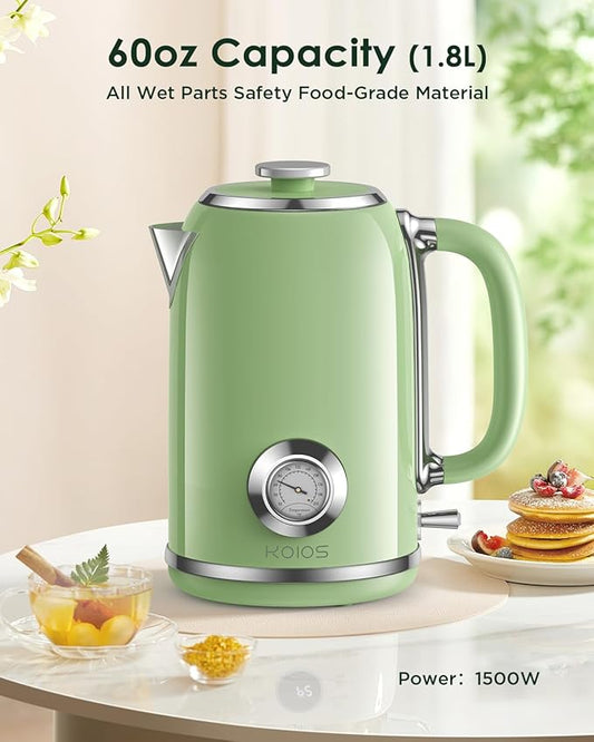 Electric Kettle 1.8L with Temperature Gauge, 1500W Fast Boiling Electric Tea Kettle, 100% Stainless Steel Retro-Style Hot Water Kettle Electric - Glowing LED Light, Auto Shut-Off & Boil-Dry Protection
