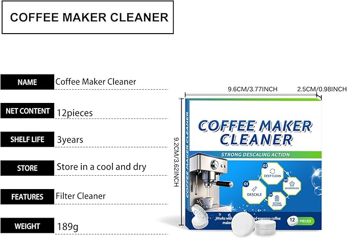 Coffee Machine Descaler Cleaner Tablets - 12 Count, Universal Fit for All Coffee Makers, Removes Oil & Mineral Buildup, Deep Cleaning Solution,1 Year Supply