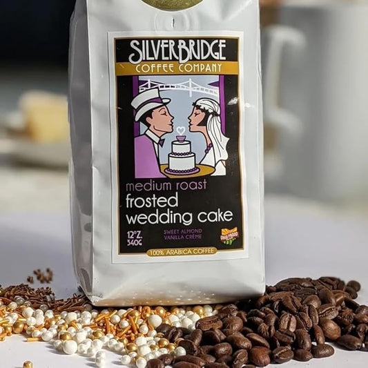 Silver Bridge Coffee Company Flavored Coffee Frosted Wedding Cake | 12oz Flavored Ground Coffee | Sweet Almond and Vanilla Creme Flavoring