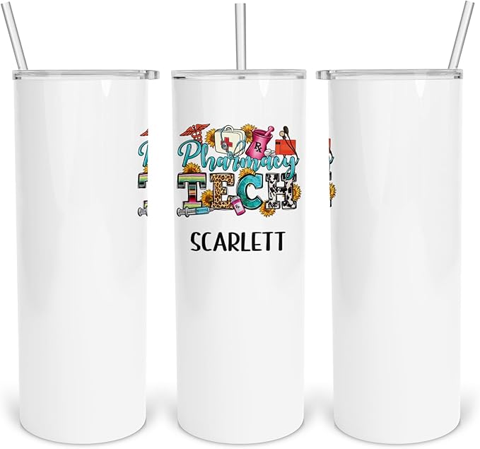 Skinny 20oz Gift for Pharmacist, Color Sublimated Cup for Pharmacist, Gift With Lid and Straw for Office Staff Team, RX, CPhT, Vinyl, Appreciation Gift for Staff Team, Vacuum Insulated SS Mug