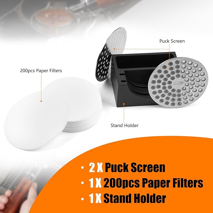 IKAPE Espresso Coffee Accessories, 51mm Puck Screen 4-piece Set with 2 Ultra-thin Puck Screen, 200 pcs Paper Filters, and a Stand Holder - Elevate Your Coffee Experience