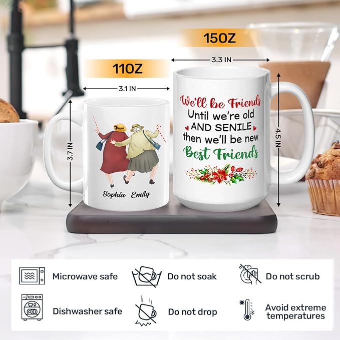 Joymade Personalized Ceramic Coffee Mug, Funny Custom Mug for Bestie, Friends, Couple, Coworker, Snowman Lovers (We’ll Be Friends Until We’re Old)
