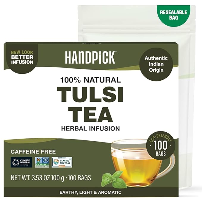 HANDPICK Original Tulsi Tea (100 count) Holy Basil Tea | Non-GMO, Caffeine-Free Herbal Tea | Ecofriendly Round Tea Bags