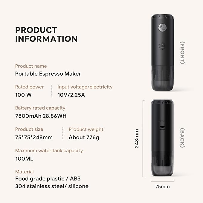 Portable Espresso Machine Mini 19Bar Rechargeable 2-in-1 Multi-Function Electric Coffee Machine One Key Extraction Compatible with NS Capsules and Ground Coffee for Office Home 7800MAH (Black)