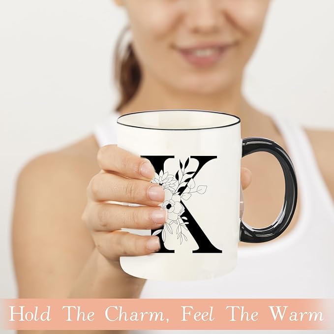 Monogram Ceramic Coffee Mugs, 11 oz Initial Drinking Cup with Gift Box, Unique Birthday Valentines Day Gifts for Women Wife Mothers Day Grandma Mom Aunt, K
