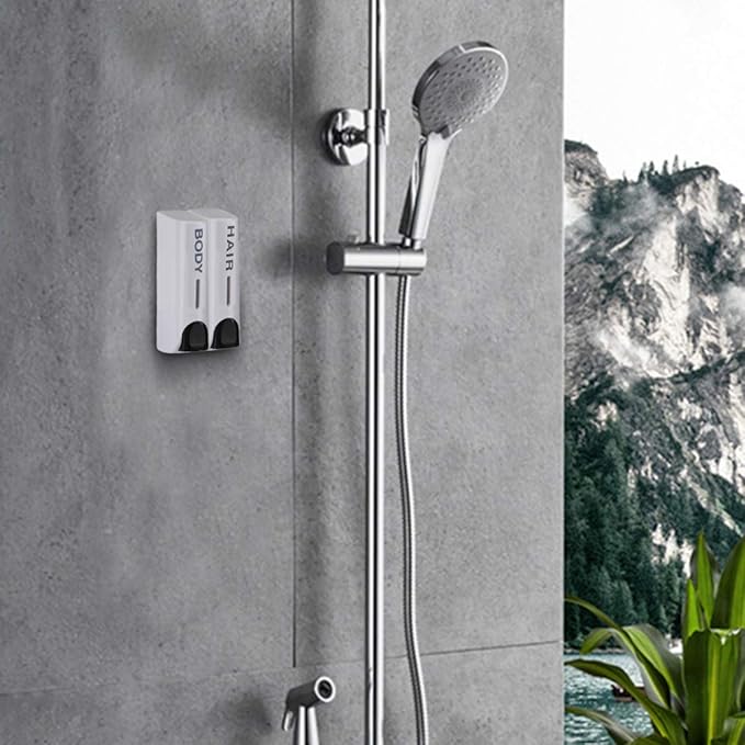 Wall Mounted Shower Soap Dispenser 2 Chamber No Drill Shampoo Dispenser for Shower, Refillable Shampoo Bottles, Wall Shampoo and Body Wash Dispenser for Bathroom Hotel 2 * 350ml White
