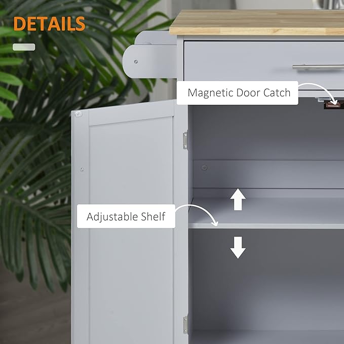 HOMCOM Kitchen Island Cart, Rolling Island Table with Solid Wood Top, Trolley Cart with Drawer, Storage Cabinet & Towel Rack, Gray