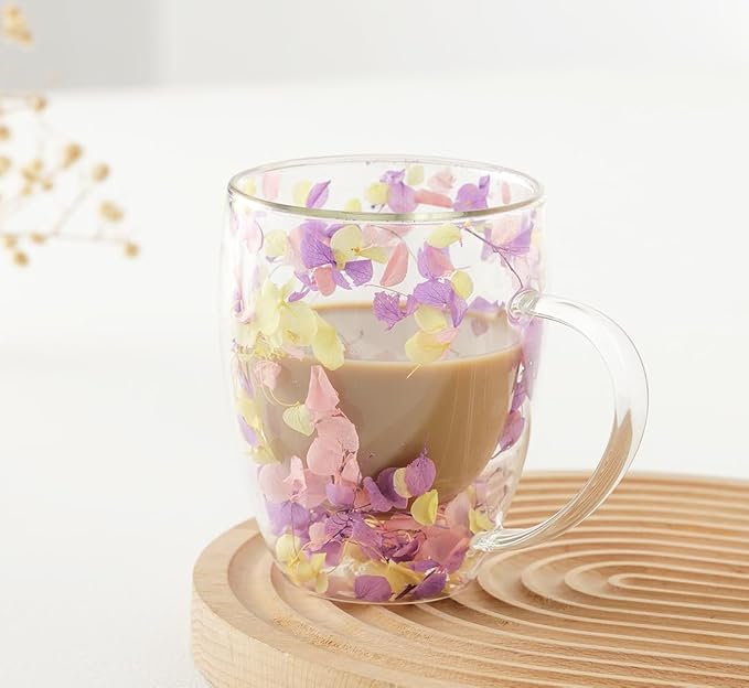 Double Glass Flower Tea Cup, Aesthetic Preserved Flower Cup, Cute Insulated Tea Cup with Handle, Heat Resistant & Lead-free Coffee Mugs, Gifts for Birthday Mother's Day, Perfect for Women Wife Mom (F)