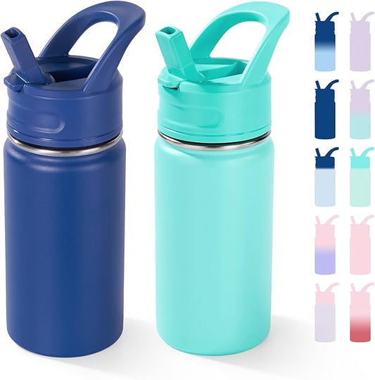 12oz Kids Water Bottle for School, Toddler Bottles with Straws, Stainless Steel Vacuum Insulated Water Bottle for Boys&Girls, Leak-Proof, BPA-Free, Blue + Green