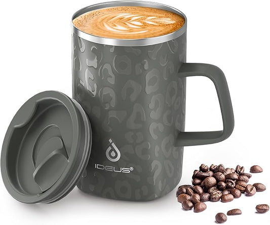 Ideus Vacuum Insulated Coffee Mug, 16oz Reusable Stainless Steel Thermal Double Walled cup with Handle and Slider Lid for Hot & Cold Beverages, BPA Free (Leapord Gray)