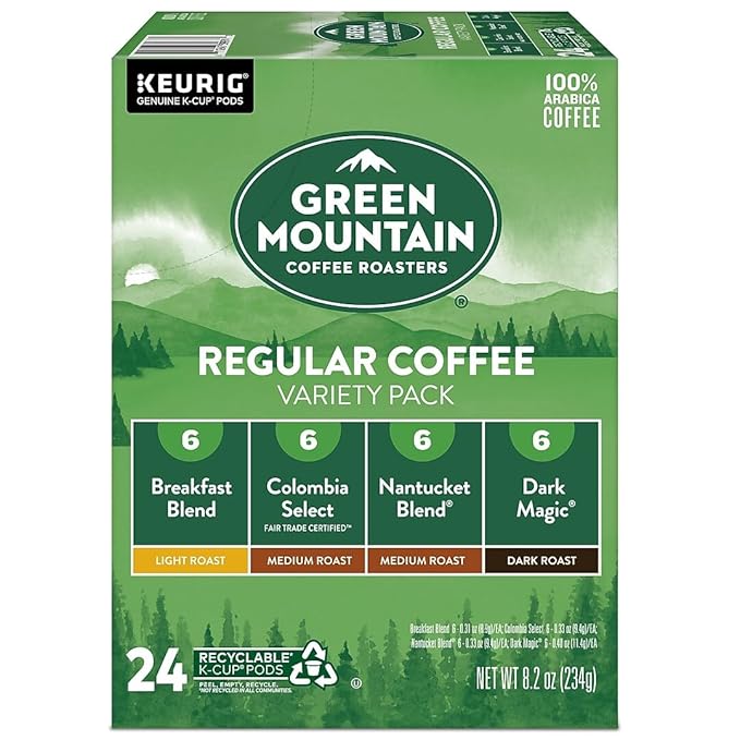 Green Mountain Coffee Variety Pack, K-Cup Pods, 24 Count, Breakfast Blend, Vermont Country Blend, French Roast, Dark Magic