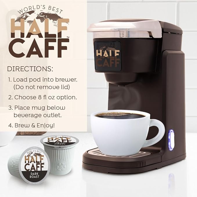 World's Best Half Caff Dark Roast Coffee Pods, 100 ct, Recyclable Single Serve Pods – 100% Arabica Coffee, Compatible with Keurig K Cups Maker