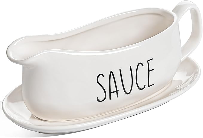 LE TAUCI Gravy Boat with Saucer Stand 16oz, Ceramic Sauce Boat with Tray for Salad Dressings, Creamer, Broth, Black Pepper, Set of 1, Oyster White