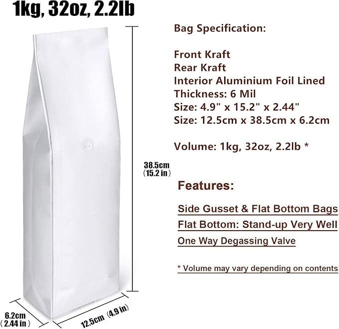Kraft Paper Stand Up Coffee Bag/Side Gusset Pouch with Flat Bottom Coffee Beans Pouch with One Way Degassing Valve, 50 Pieces (White Kraft, 1kg, 32oz, 2.2lb)