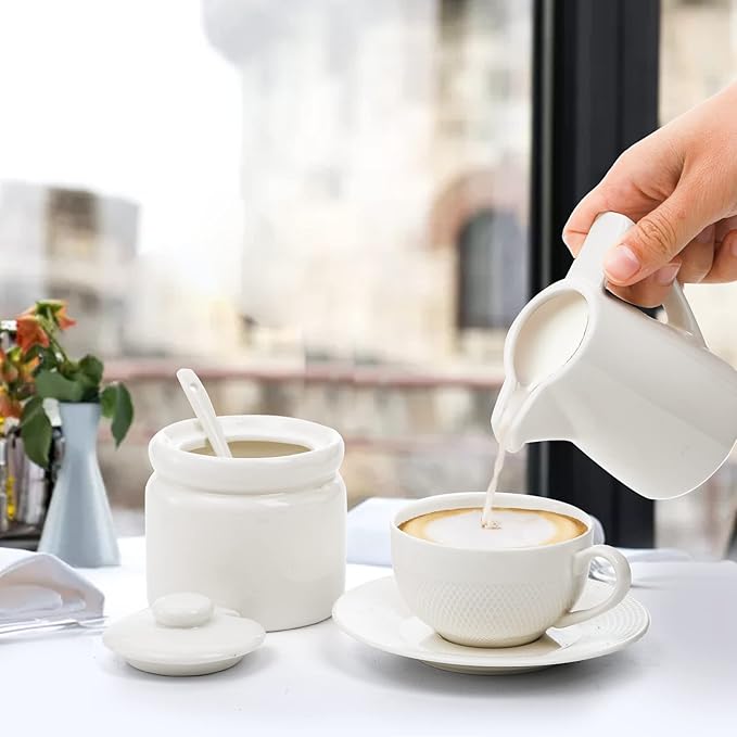 ZENFUN Set of 4 Porcelain Creamer and Sugar Set with Saucer, Sugar Bowl with Lid and Spoon, Cream Pitcher, Sweetener Holder, Coffee Serving Set for Kitchen Home Cafe Christmas Party, Restaurant