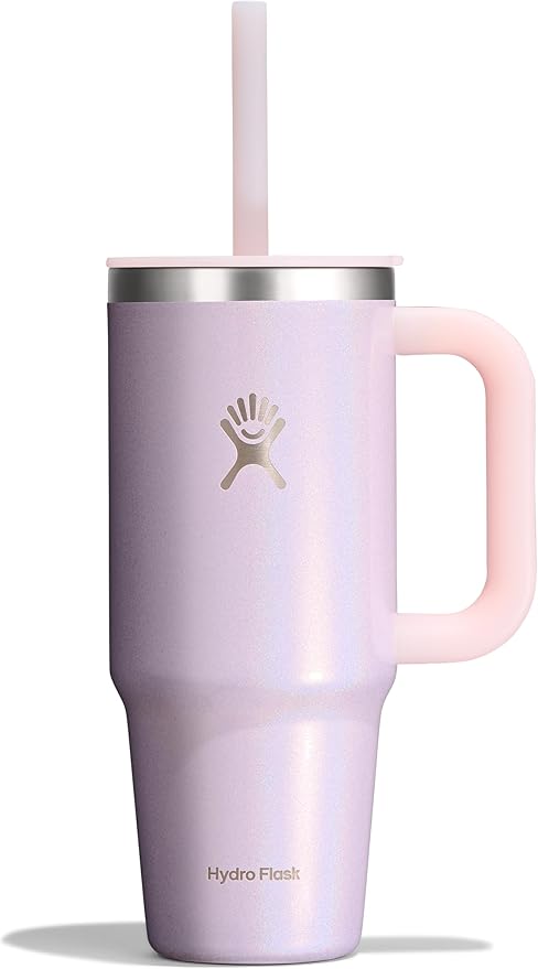 Hydro Flask Travel Tumbler with Handle, Lid and Straw - Insulated Stainless Steel in 24 Oz Glimmer Pink