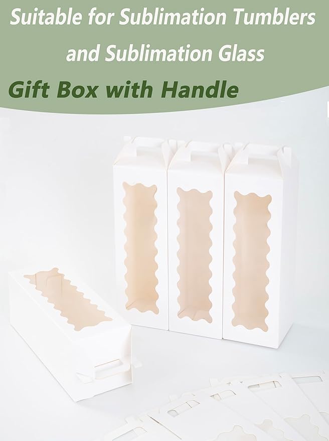 Hzzycaxli 20Pcs Tumbler Gift Box with Handle for 18oz 20oz 30oz Sublimation Glass,Cup boxes for packaging 16oz, Water bottle gift boxes,Tumbler Packaging Boxes with window for gifts(White)