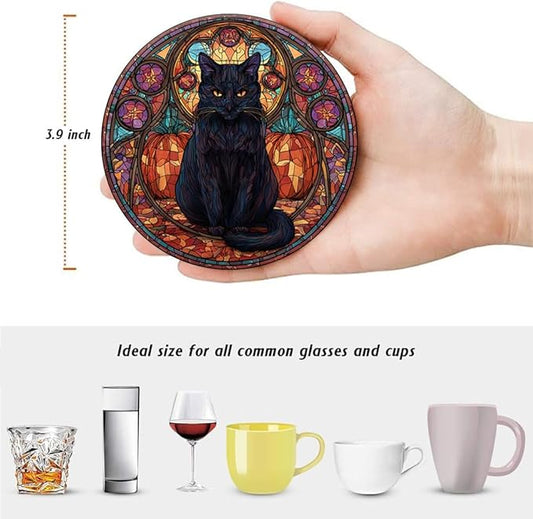 LOKMU Coasters for Drinks, Round Absorbent Ceramic Stone Coaster Sets of 6 with Metal Holder Stand, Stained Glass Halloween Pattern Coasters with Cork Base for Coffee Wooden Table, Housewarming Gifts