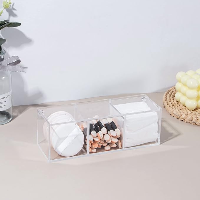 Yeeco Clear Acrylic Capsule Holder with Lid, 3 Section Rectangle Drawer crylic Organizer with Lid 7.6”×2.6”×2.6” 3 Compartments Desk Cube Containers for Jewelry，Candy，Coffee，Make Up Accessories