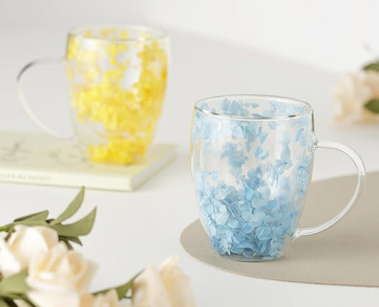 Double Glass Flower Tea Cup, Aesthetic Preserved Flower Cup, Cute Insulated Tea Cup with Handle, Heat Resistant & Lead-free Coffee Mugs, Gifts for Birthday Mother's Day, Perfect for Women Wife Mom (G)