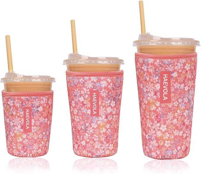 Reusable Insulated Neoprene Iced Coffee Cup Sleeve, Durable Drink Sleeve for Cold Beverages, Beverage Holder for Iced Coffee, Rosy Blooms