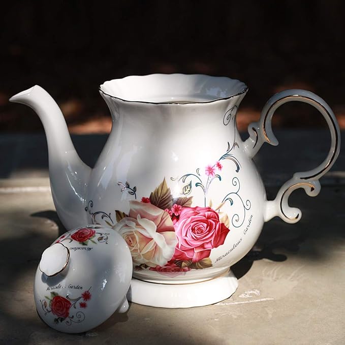 Jomop European Style Ceramic Flower Teapot Coffee Pot Water Pot Porcelain Gift Large 5.5 Cups (1, Rose)