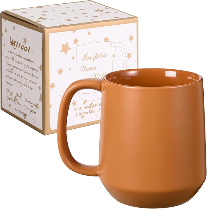 Miicol Ceramic Coffee Mug, 16 oz Large Coffee Cup, Tea Mug with Handle, Flat Bottom Mug for Men, Women, Office, Microwave and Dishwasher Safe, Multi-Color, Burnt Orange