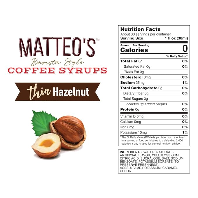 Matteo's Hazelnut Syrup for Coffee, Lattes, Cappuccinos & Desserts – Sugar-Free Sweetener for Beverages, Keto Friendly, Zero Calories, Indulgent Flavor, Non-Alcoholic, Ideal for Coffee 33.8oz (6pk)