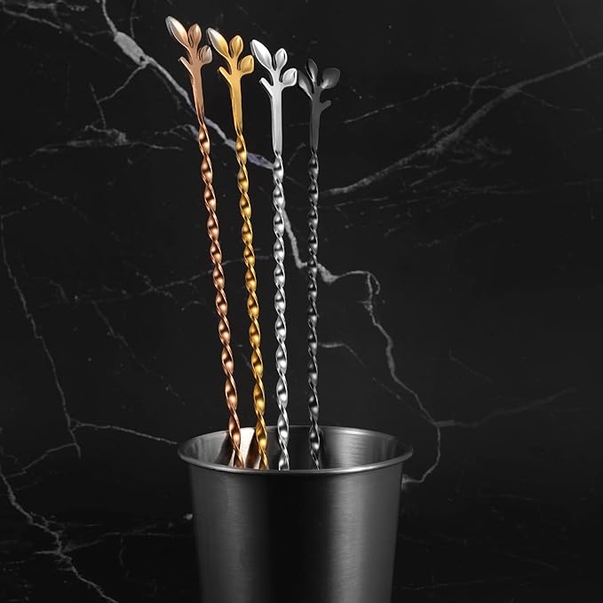 AnSaw Gold 10-Inch Stainless Steel Cocktail Spoon with Leaf Handle - Perfect for Mixing & Layering Drinks in Tall Cups, Bar & Shakers - Durable Long Handle Bar Stirrer,2-Pieces