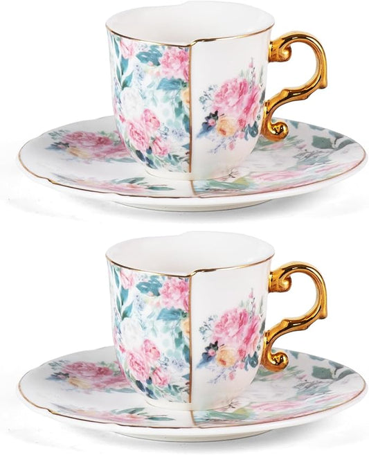 KAMMAK Tea Cups and Saucers Set of 2, Porcelain Coffee Cups, 4-Ounce Stackable Espresso Mugs, Ceramic Demitasse for Coffee, Latte, Americano, Tea, Western Peony