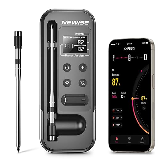 Newise Bluetooth Meat Thermometer with Smart APP, 800FT Wireless Range & LCD Base, Rechargeable Probe, Digital Food Thermometer for BBQ, Grill, Chefs, Air Fryer, Gifts for Men Dad