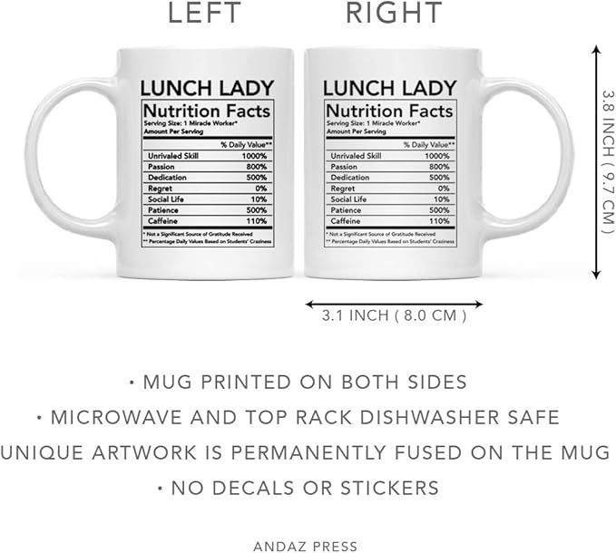 Andaz Press Funny 11oz. Ceramic Coffee Tea Mug Thank You Gift, Lunch Lady Nutritional Facts, 1-Pack