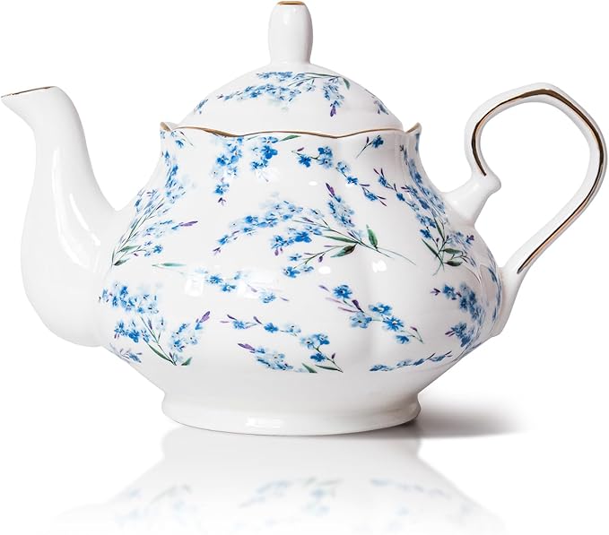 33.8 oz Porcelain Tea Pot Luxury Gold Trim Floral Ceramic Teapot Waterpot Tea Maker for Blooming Loose Leaf Tea Coffee Milk Chrismas Women Gift Housewarming Home Kitchen Décor (Blue Blossom)