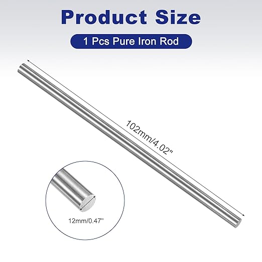 PATIKIL Pure Iron Bar, 0.47" Diameter 12.01" Length Iron String Rod Steel Stick DIY Craft Supplies for Crafting Science Lab Testing