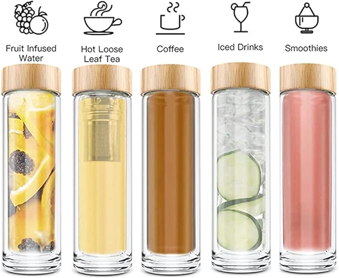 COMI Tea Bottle, 14 oz, Borosilicate Glass, Double Wall, Infuser & Strainer, Bamboo Lid, 400ml