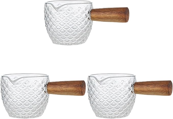 Cabilock 3pcs Glass Milk Pitcher with Wooden Handle, 6 Oz Small Glass Creamer Pitcher Set, Transparent Creamer for Coffee, Tea, Syrup, Salad Dressing