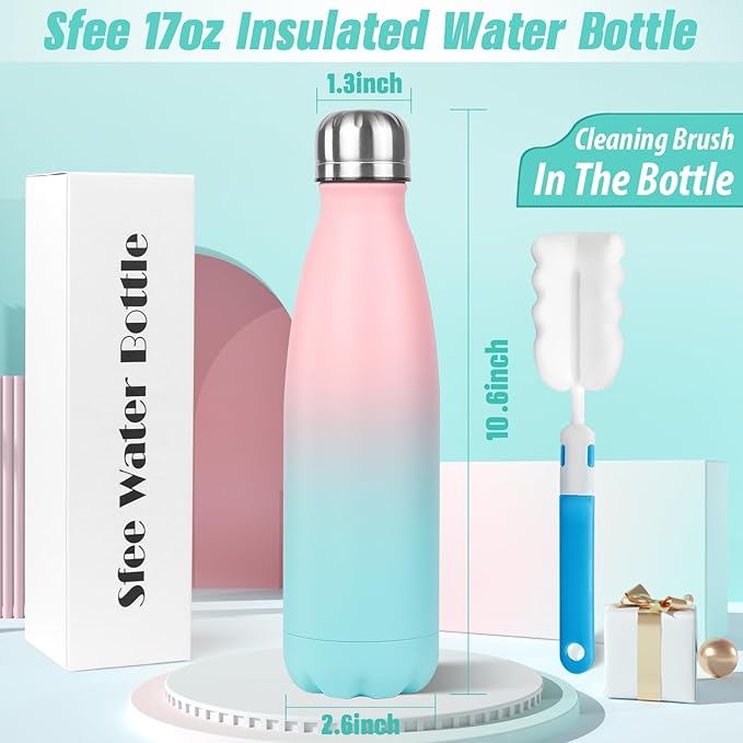 Sfee Insulated Water Bottle, 17 oz Stainless Steel Water Bottles, Double Wall Vacuum Reusable Water Bottles Leak Proof BPA-FREE Sports Bottle Cup Keep Hot&Cold for Running Gym Workout Cycling Kids