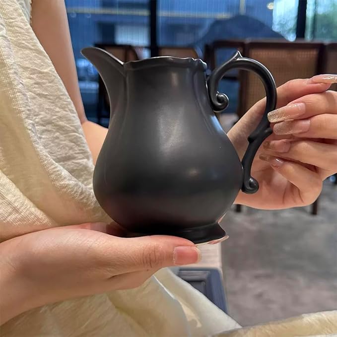 WAIT FLY Vintage Embossed Creamer & Sauce Pitcher - Black Cream Jug for Kitchen