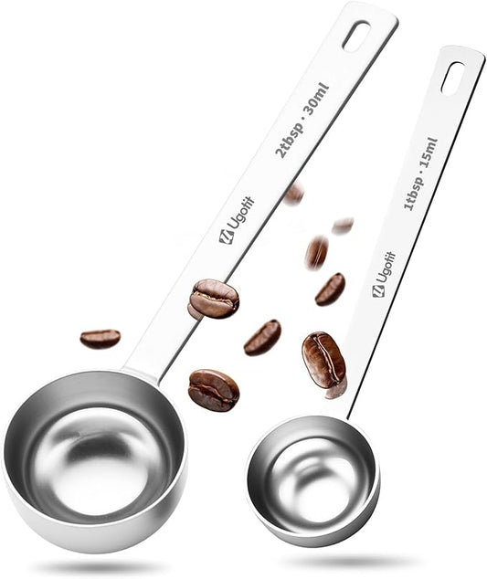 Ugotit Coffee Scoop for Ground Coffee, 304 Stainless Steel Long Handled Measuring Spoons Set for Baking, Supplements, 1 Tbsp & 2 Tbsp