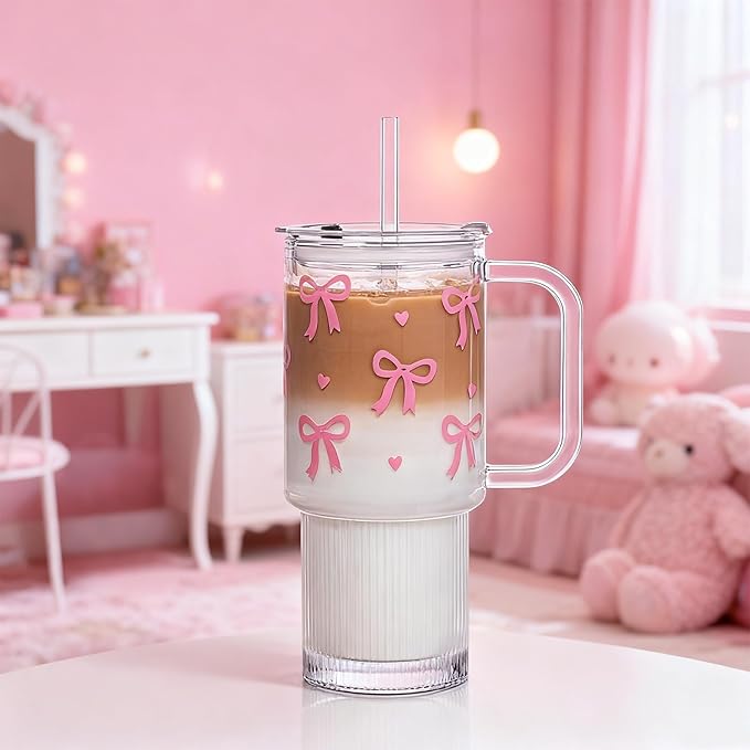 INSETLAN 26oz Cute Pink Bow Glass Cup with Lid and Straw, Girly Preppy Aesthetic Glass Tumbler with Handle, Birthday, Valentine’s & Christmas Gift for Women, Teens & Friends