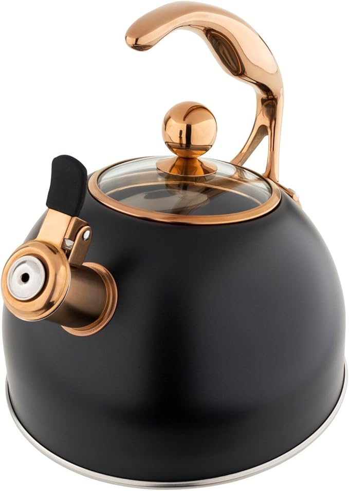 Viking 3-Ply Stainless Steel Tea Kettle, 2.6 Quart Stovetop Hot Water Pot with Tempered Glass Lid, Ergonomic Handle, Induction Ready, Matte Black and Copper