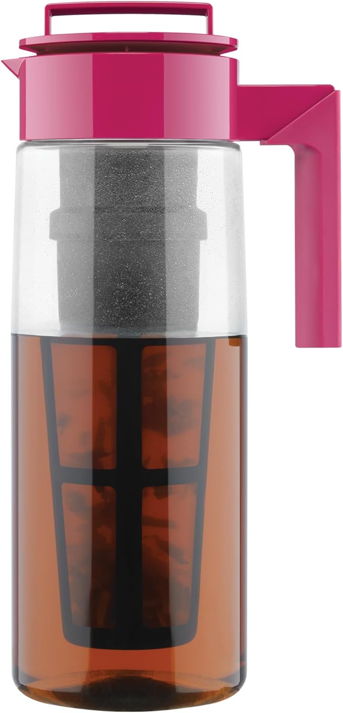 Takeya Flash Chill Iced Tea Maker - Versatile Tea Brewer for Loose/Bagged Tea - Patented Flash Chill Tech Hot/Cold Use BPA-Free Tritan Dishwasher Safe - Airtight Lid Made in USA - 2 Quart/Raspberry