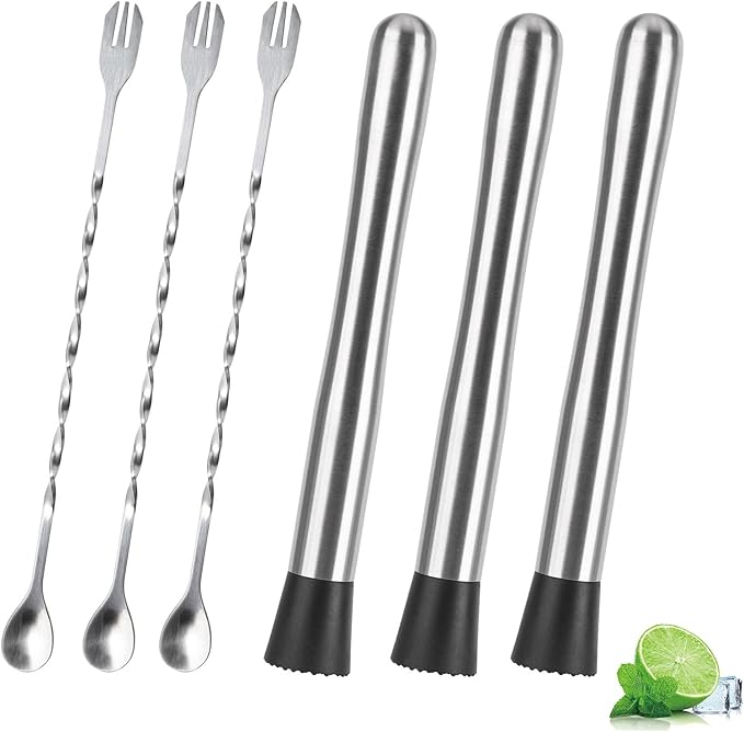 Muddlers for Cocktail Mixing Spoon Set of 6, 9.8 Inch Muddlers 304 Stainless Steel Fruit Crusher Mixing Spoon Ice Crusher for Bar Party and Home