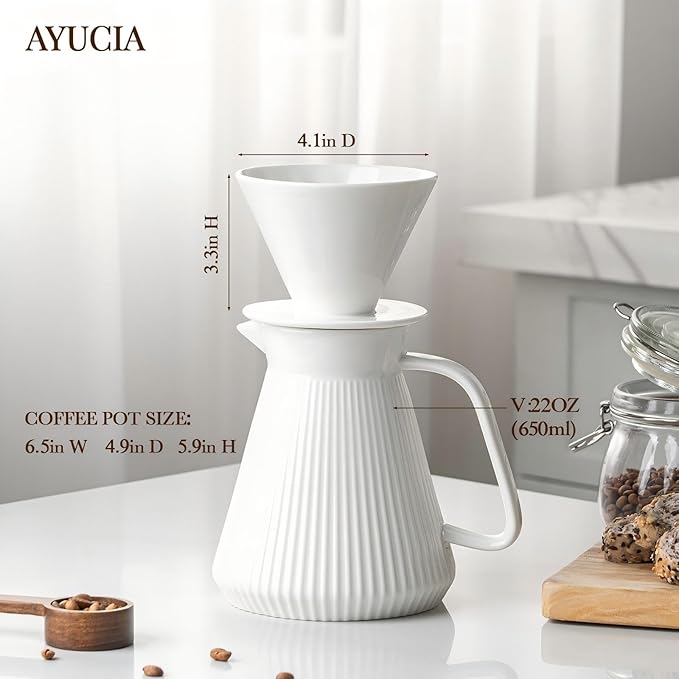 Pour Over Coffee Maker Set, Ceramic Coffee Dripper with Pot Set, 22OZ White Cream Pour Over Coffee Brewer for Home Café Restaurant Camping, Size 02