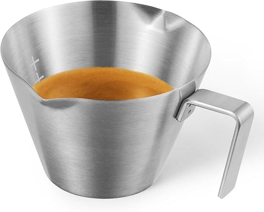 MHW-3BOMBER Espresso Measuring Cups, Double Spouts Stainless Steel Espresso Pour Cup, Espresso Shot Cups with Handle Scale, Metal Measuring Cups with V-Shaped Mouth, 3.4OZ/100ML Silver G5146BL-OS