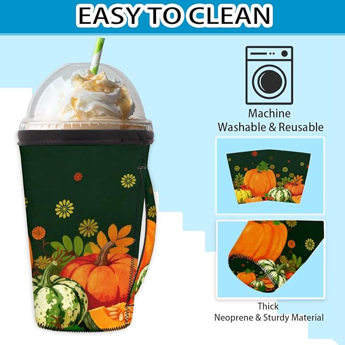 Pardick Pumpkin Autumn Reusable Insulator Coffee Sleeves for Drinks Beverages,Fall Leaves Neoprene Holder with Handle for Most Coffee or Ice Drink, 24-28oz