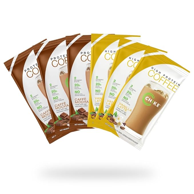 Chike High Protein Iced Coffee Naturally Sweetened Sampler Pack, 20 G Protein, 2 Shots Espresso, Non-GMO, Keto Friendly and Gluten Free, 6 Single Serve Packets