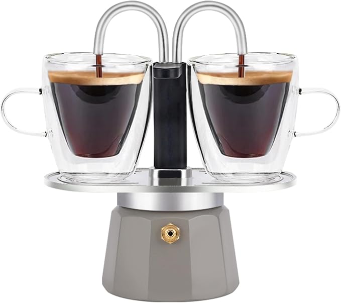 MVPLUE-Mini Express Double Tube Moka Pot Aluminum Gray,Share fresh delicious coffee with a friend