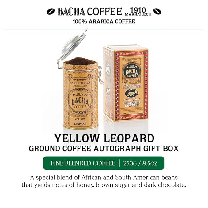 Bacha Coffee | Yellow Leopard Fine Blended, Ground Beans, Medium Roast, 100% Arabica Specialty Coffee, 250g Autograph Collection, Gift Box