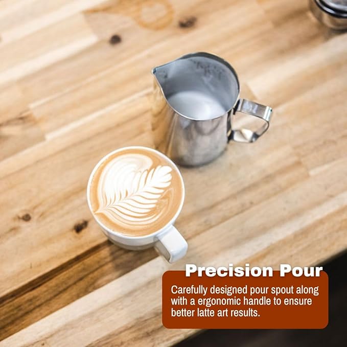 Barista Basics 32 Oz Silver Stainless Steel Milk Frother Pitcher, Steaming Pitcher for Latte Art, Food-Grade/w Measurements